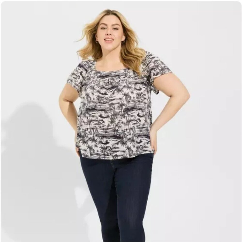 Torrid Clip Jacquard Square Neck Flutter Sleeve Top 100% Cotton Blue White Sz 4X